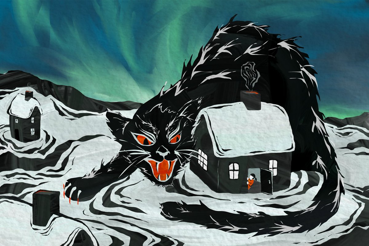 The Yule cat, a huge and vicious feline from Icelandic Christmas folklore, said to lurk in the snowy countryside during the Christmas season and eat people who do not receive new clothing before Christmas Eve 😼

#WyrdWednesday
🎨by Tao Tao Holmes
