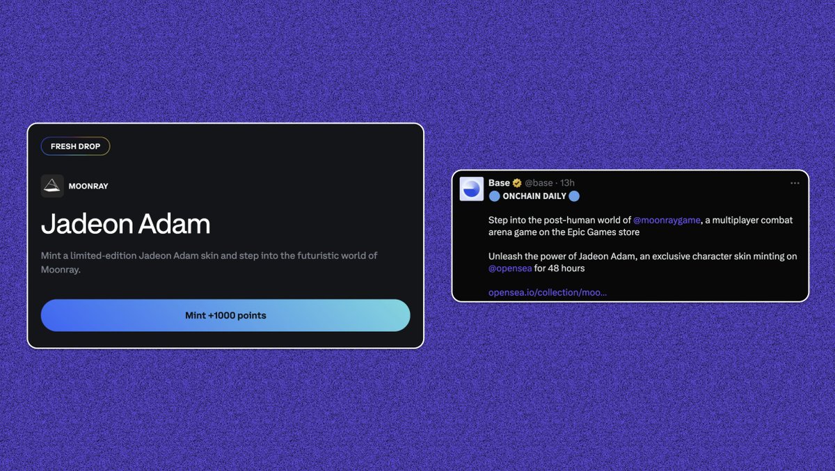 Don't miss this free NFT mint on the Coinbase wallet

Mint and claim 1000 base points

Ends in 35 hours

🔗 Link: wallet.coinbase.com/home

- Click on "Mint +1000 points"
- Mint >> Go to opensea and mint the NFT
- Comeback to the page and claim the points

Network is Base

There