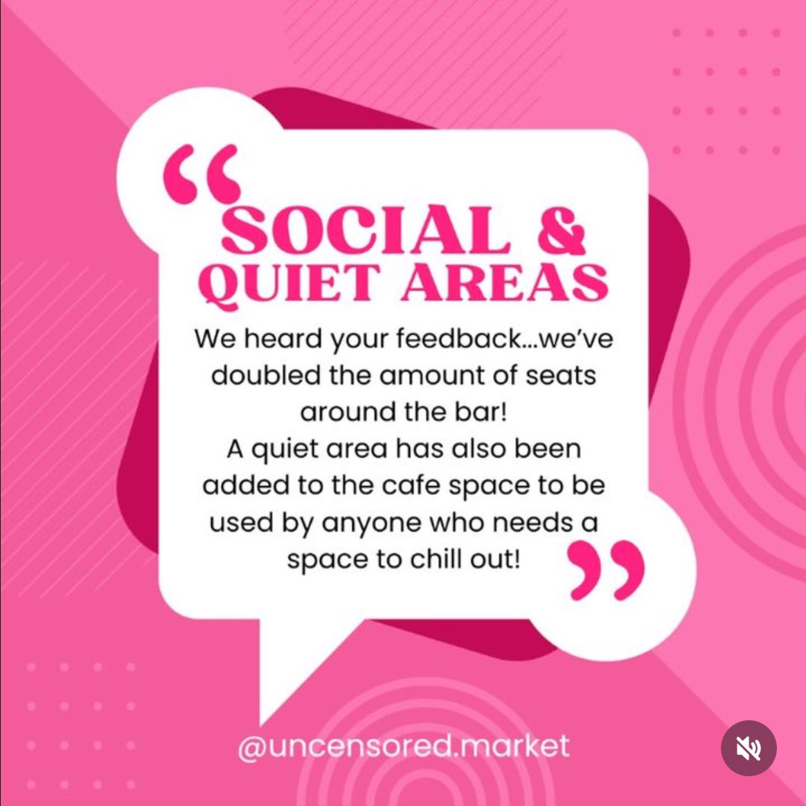 Last time you gave us feedback asking for more seating and we are delivering! There will be twice as many tables at the back of the venue!

This time we are making the cafe a quiet space, it will still be open and functional but music will be down and vibes will be chill! 😎