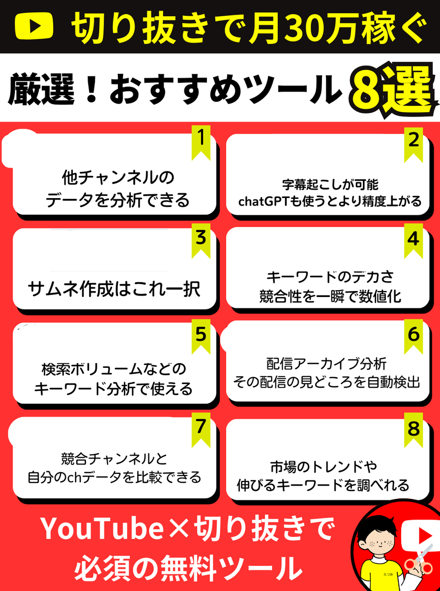 ※これホントに教えたくないんですが…

『YouTube×切り抜きで月30万稼いだツール8選🤯』を厳選してまとめました

これを使えば､めんどくさいリサーチから競合分析・アーカイブの分析まで全て一瞬で出来てしまうっす。

知りたい人はこの投稿に
いいね＆「ツール」とリプください！