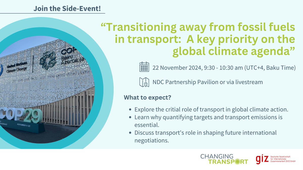 🌍 Transitioning Away from Fossil Fuels in Transport: A Key Priority on the Global Climate Agenda

Join #COP29 in Baku!

Explore how global agreements drive ambitious national transport #policies. 🌍

📍 NDC Partnership Pavilion,  A9
🔗 Streaming: bit.ly/3YVqXIQ