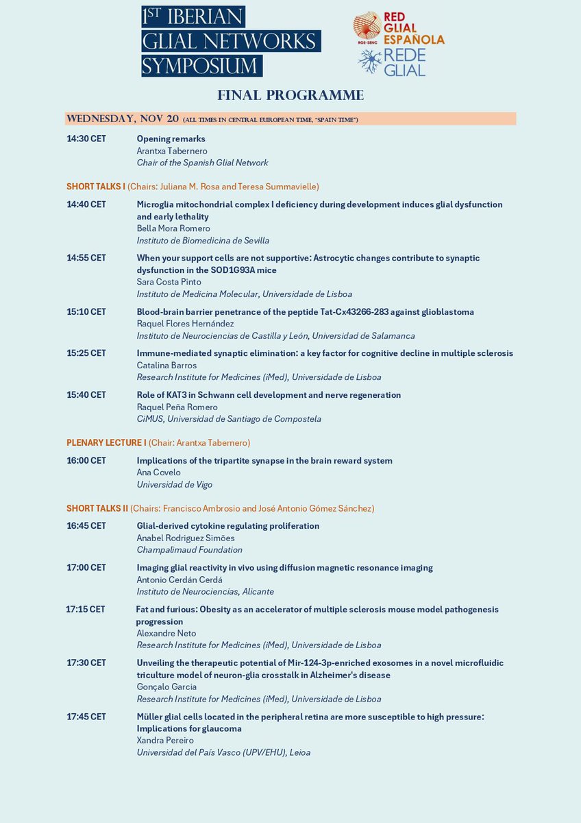 redglial (@redglial) on Twitter photo 🤩#IGNS2024 kicks off today! An online symposium to highlight recent glia research in the Iberian Peninsula.
📜Check out the programme for Nov 20:
🗣️10 shorts talks from <a href="/redglial/">redglial</a> and <a href="/GlialRede/">Portuguese Glial Network - Rede Glial Portuguesa</a>. Today's main lecture will be performed by Ana Covelo, from <a href="/uvigo/">Universidade de Vigo</a>. 🤩#IGNS2024 kicks off today! An online symposium to highlight recent glia research in the Iberian Peninsula.
📜Check out the programme for Nov 20:
🗣️10 shorts talks from <a href="/redglial/">redglial</a> and <a href="/GlialRede/">Portuguese Glial Network - Rede Glial Portuguesa</a>. Today's main lecture will be performed by Ana Covelo, from <a href="/uvigo/">Universidade de Vigo</a>.