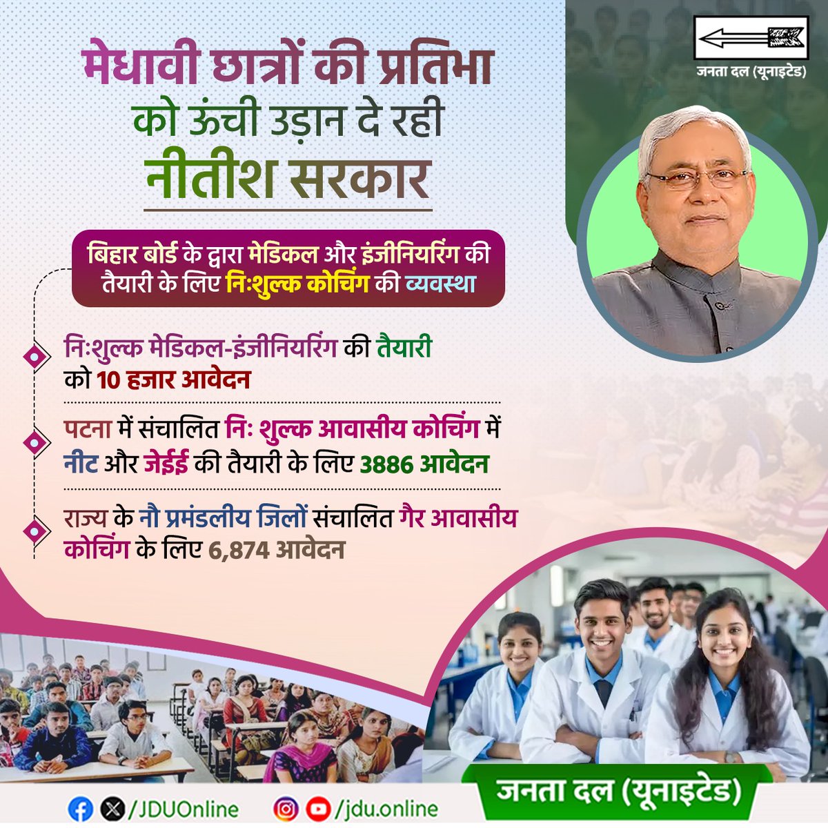 Jduonline's tweet image. नीतीश सरकार की ओर से मेडिकल और इंजीनियरिंग की तैयारी करने वाले छात्र-छात्राओं को नि:शुल्क कोचिंग की सुविधा मुहैया कराई जा रही है।

#JDU #NitishKumar #FreeCoaching #StudentEmpowerment #EducationForAll #BiharDevelopment #EngineeringCoaching #MedicalCoaching