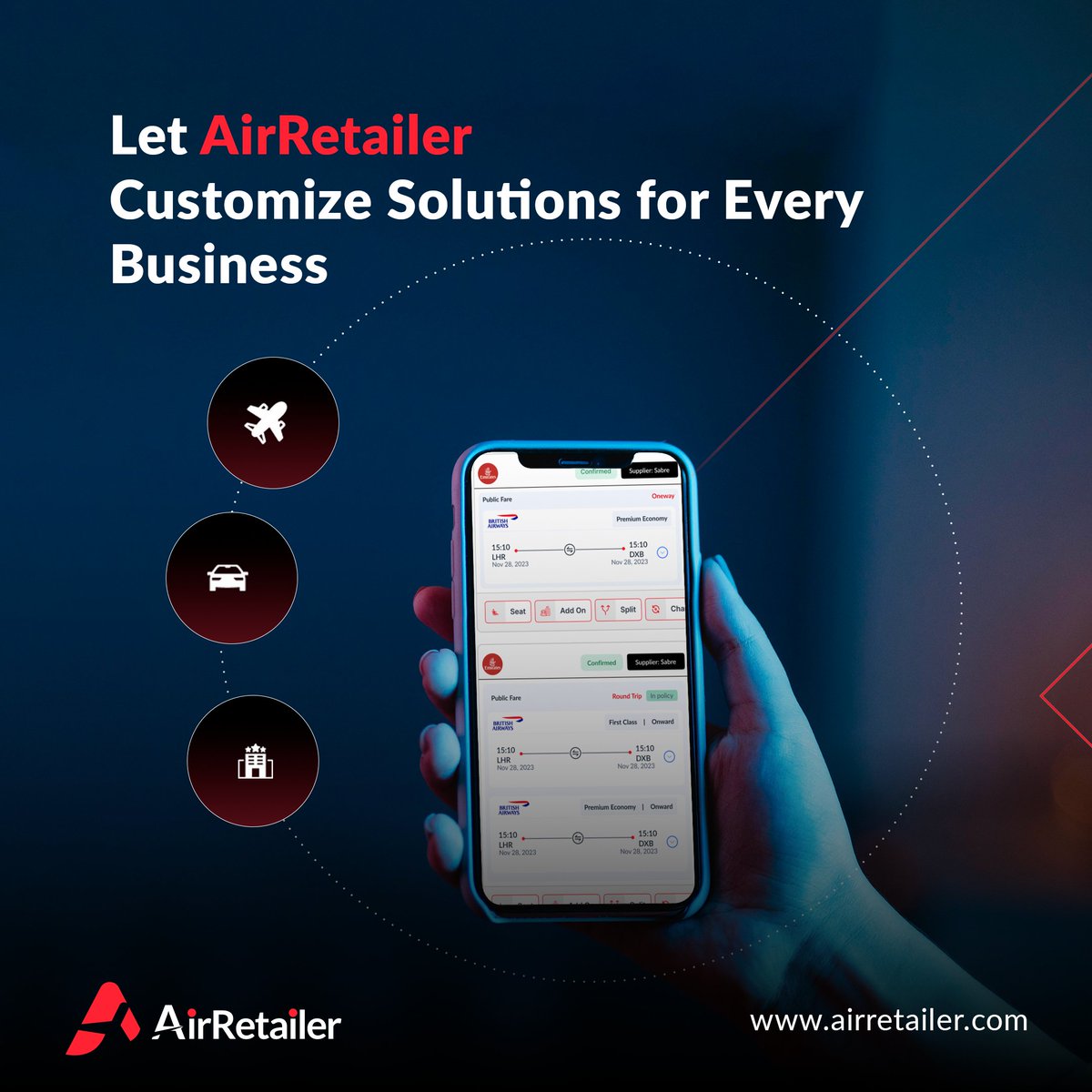 AirRetailer's tweet image. AirRetailer tailors your experience to fit unique travel needs. Customize workflows, reporting, and policies to align with your business requirements seamlessly.
.
.
.
#AirRetailer #TMC #CustomizedSolutions #NDC #IATA #Workflows #Reporting #Policies #CorporateAirTravelSoftware