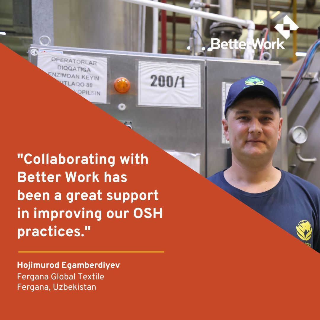 A safer tomorrow starts today! 🚨

In #Uzbekistan, <a href="/Better_Work/">Better Work</a> is helping factories like Fergana Global Textile improve #OSH practices. Worker Hojimurod Egamberdiyev says, “New safety protocols &amp; training are helping us to make workspace safer for 6,500+ employees."