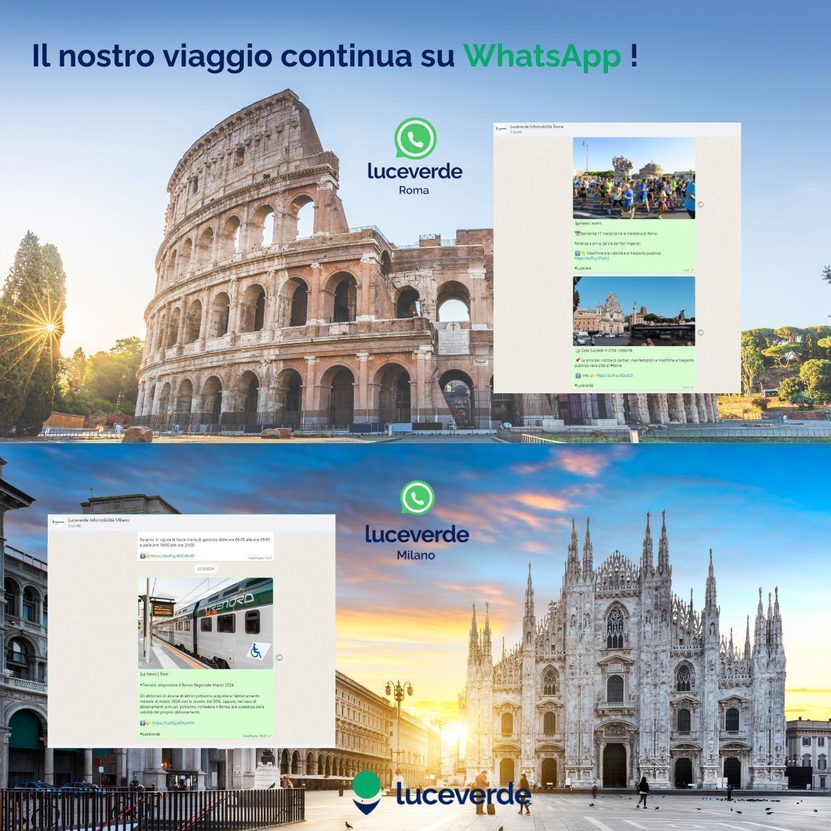 LuceverdeInfo's tweet image. 📢I canali #Luceverde Infomobilità #Roma e #Milano attivi su #Whatsapp!

🔍Cerca i nostri canali ed iscriviti, non perdere le #notizie su traffico e viabilità nella tua città

👣Stai al passo con la mobilità grazie a Luceverde!

Link canali👉buff.ly/3PNC82z

#Luceverde