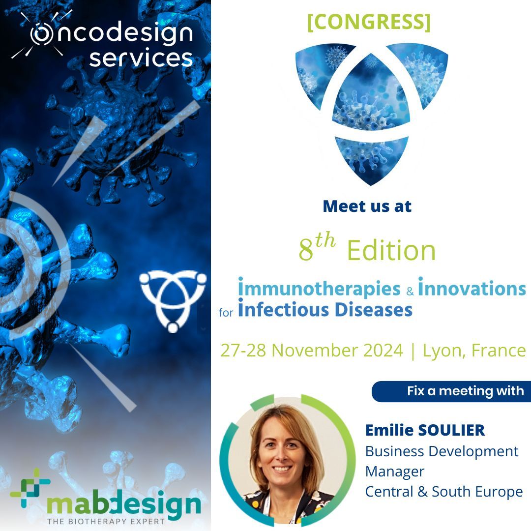 oncodesignODS's tweet image. [CONGRESS] Immunotherapies &amp;amp; Innovations for Infectious Diseases #I4ID in France! 
Meet Emilie Soulier, Business Development Manager for Central &amp;amp; South Europe. Discover  how #OncodesignServices can support your preclinical program!
📆 27-28 November 2024
📍 Lyon, France
#Covid19