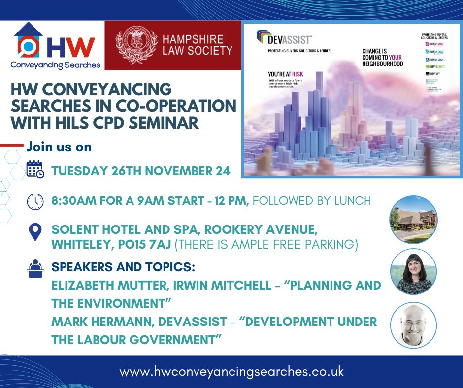 hampshirelawsoc's tweet photo. Join us and @hwcsearches  to expand your knowledge on today’s pressing issues in #PlanningAndDevelopment. 

💬 Featured topics include:
>Planning and the Environment
>Development Under the Labour Government

Spaces are limited – book today by emailing andrew@hantswight.co.uk https://t.co/E6Gv3OLnIm