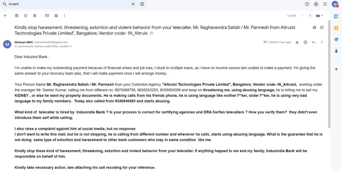 MohaanMKC's tweet photo. @MyIndusIndBank
@indusind__bank
@bank_indusInd_
@RBI
@RBIsays
@714290
@nsitharaman
@baapofrecovery  my CC NO.XX8101,Kindly stop harassment,threatening,extortion &amp;  violent behavior frm Ur  telecaller, Mr. Raghavendra Satish(Parmesh) frm "Altruist Technologies Pvt Ltd", Bangalore https://t.co/zGZhEfsfQq