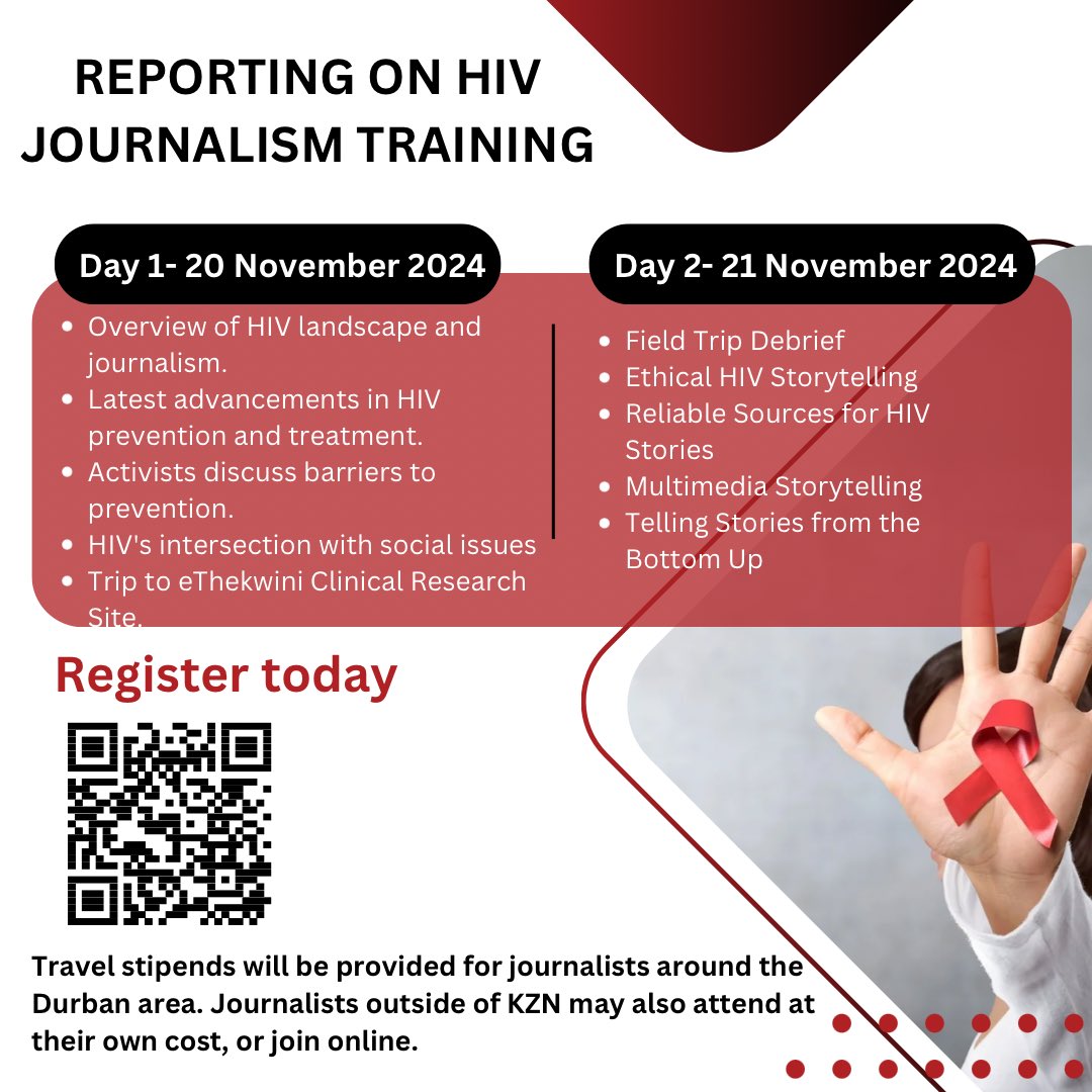 fraycollege's tweet photo. 🚨Last chance to join our HIV Journalism Reporting training!

 ✨Travel stipends for KZN based journalists and online options are 
available. 

Sign up now! #HIVJournalism https://t.co/JOZjWGbWVF