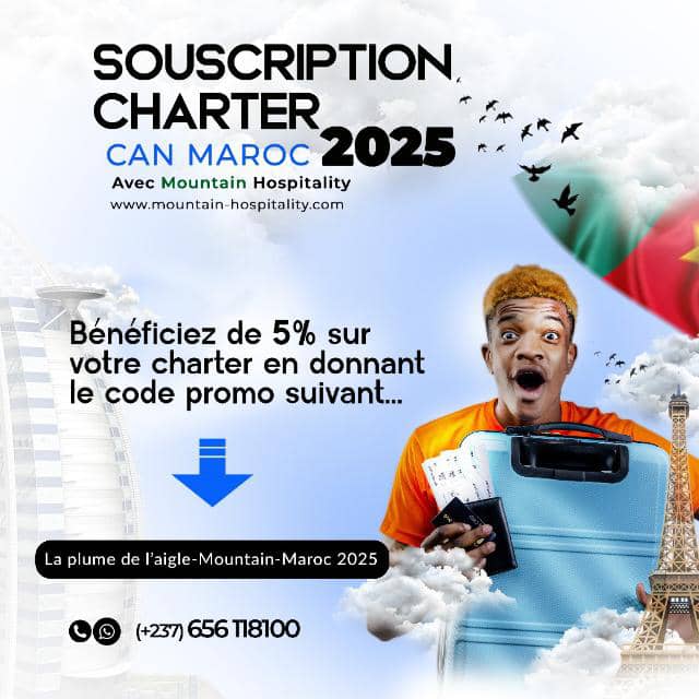 Hello, en 2025 tu vas encore vivre la CAN à la télé ?🤔
Prends un package Charter CAN Maroc 2025 chez Mountain Hospitality et réserve ta place au stade. Utilise le code promo La Plume de l'Aigle-Mountain Hospitality CAN Maroc 2025 et bénéficie de 5% de réduction sur ton package.