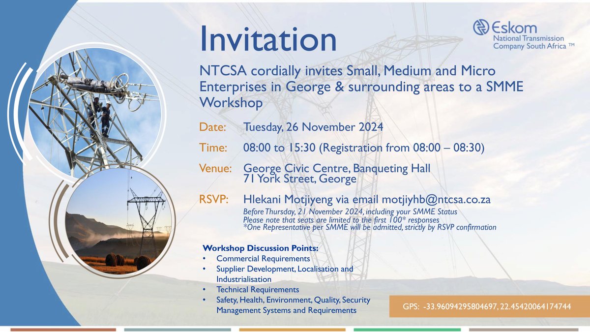 Eskom_SA's tweet photo. The National Transmission Company South Africa (NTCSA) #SMMEWorkshops will be held at the George Civic Centre, Banqueting Hall, 71 York Street, George on 26 November 2024 for the small, micro and medium enterprises (SMMEs) workshop. Come join us! #BuildingLocalEconomies #NTCSA https://t.co/rb27UCoPDi