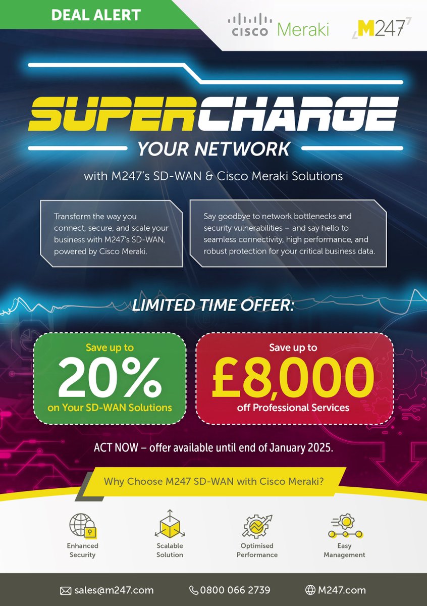 WeAreM247's tweet photo. LIMITED TIME OFFER:

- Save up to £8,000 on Professional Services
- Get up to 20% off your SD-WAN solutions

Optimised Performance | Enhanced Security | Easy Management | Scalable Solutions

Visit https://t.co/TcYEIVe5x5 to claim this offer. https://t.co/aegKSemhnI