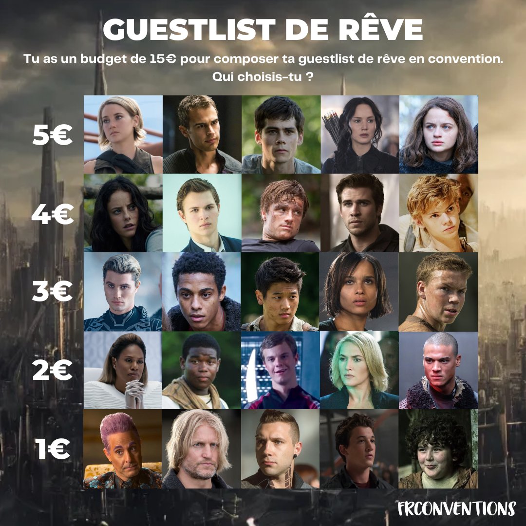FrConventions's tweet image. ⚠️ De #TheMazeRunner à #Uglies, en passant par #HungerGames et #Divergent, les films dystopiques d’aventure ont eu un franc succès ces dernières années. Parmi ces différents casts, composez votre guestlist de convention idéale. Attention, vous ne disposez que de 15€...