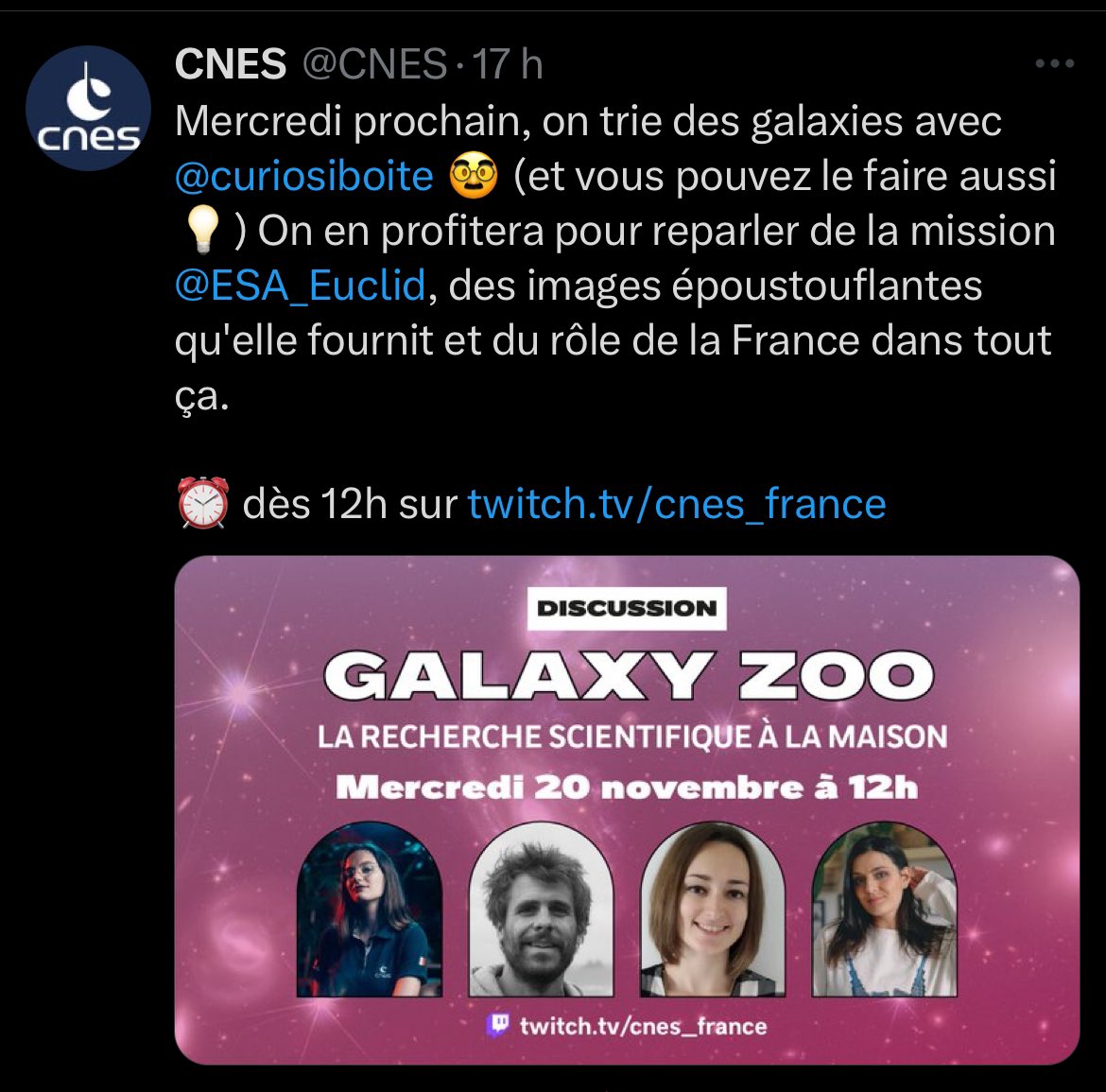 🪐 On arrive d’ici une poignée de minutes sur twitch.tv/cnes_france ​⁠<a href="/CNES/">CNES</a> et <a href="/Space_Thomalice/">Alice au pays de Bluesky</a> on va chaser des galaxies 👀