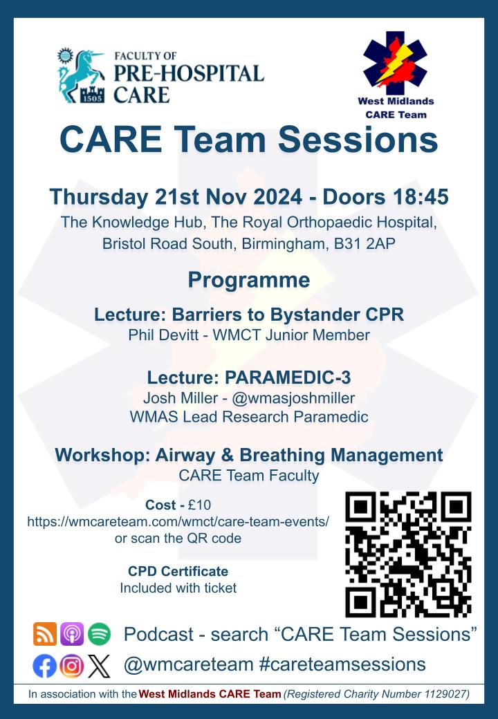 Peter Bowles (@wmaspeterbowles) on Twitter photo Epic value CPD from <a href="/wmcareteam/">WM CARE Team</a> Sessions tomorrow night!
Mini lecture - Barriers to Bystander CPR
Lecture - Overview of PARAMEDIC-3 Trial (<a href="/wmasjoshmiller/">Josh Miller</a>)
Workshops - A&B focus; advanced airways, ventilators, etc.
Tickets:
pretix.wmcareteam.com/WMCT/sessions2… Epic value CPD from <a href="/wmcareteam/">WM CARE Team</a> Sessions tomorrow night!
Mini lecture - Barriers to Bystander CPR
Lecture - Overview of PARAMEDIC-3 Trial (<a href="/wmasjoshmiller/">Josh Miller</a>)
Workshops - A&B focus; advanced airways, ventilators, etc.
Tickets:
pretix.wmcareteam.com/WMCT/sessions2…