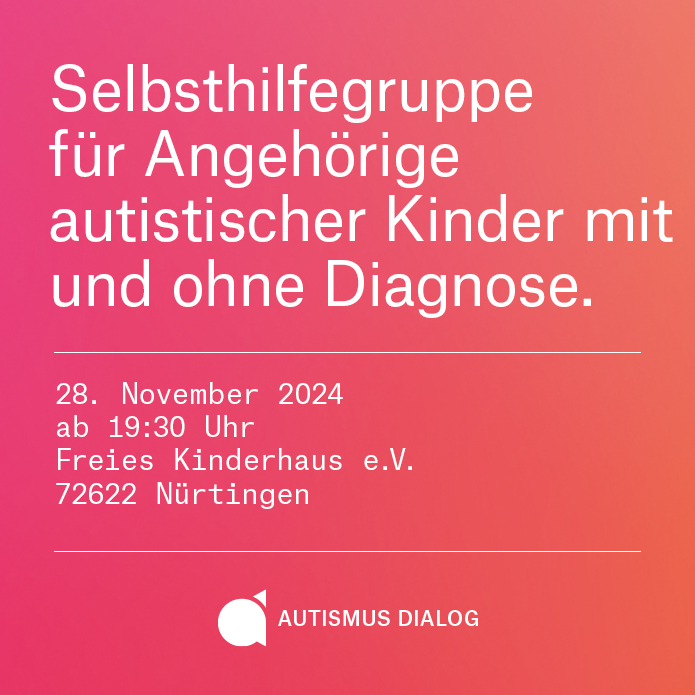 AutismusDialog's tweet photo. Selbsthilfegruppe für Angehörige autistischer Kinder mit und ohne Diagnose.

28. November 2024 ab 19:30 Uhr
Freies Kinderhaus e.V., Nürtingen

Infos und Anmeldung:
Eva Spahr, eva.spahr@autismus-dialog.de

#Autismus #Selbsthilfegruppe #SHG #Eltern #Kinder #AutismusDialog https://t.co/9at5Q3Q6gW