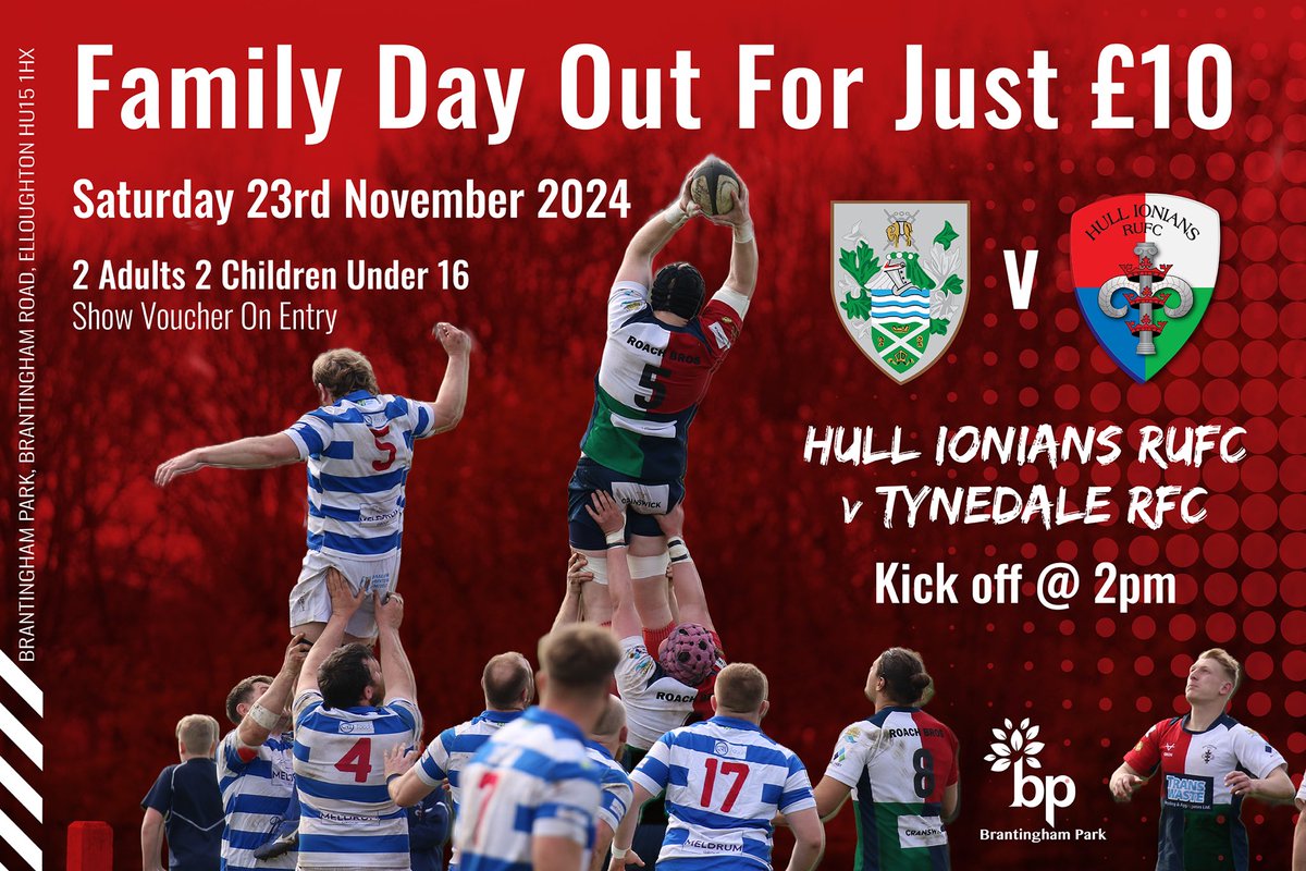 The voucher below gets a family of 4 (2 Adults &amp; 2 Children under 16) to come and watch the 1st XV vs Tynedale on Saturday 23 November 2024 at Brantingham Park for JUST £10 (no concessions).
 
All you need to do is show the flyer to the gate on entry to claim the offer! #UpTheIs