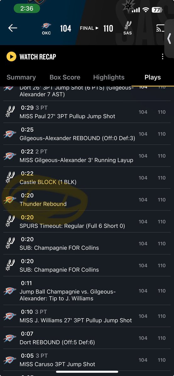 justcallmedrew_'s tweet photo. Please fix this stat - SGA (Shai Gilgeous-Alexander should be credited with a rebound at 0:20 left in the 4th quarter.  He collected the rebound after STEPHON CASTLE blocked his shot @nbastats https://t.co/0wFb2eupm5