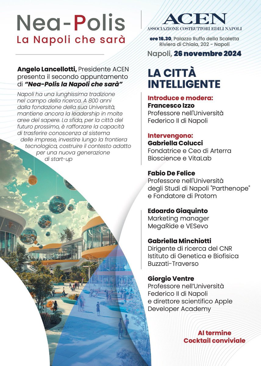 ACENapoli's tweet photo. Martedì 26 novembre, alle 16.30, si terrà in #Acen il secondo appuntamento di Nea-Polis la #Napoli che sarà. Titolo del focus: “La città intelligente”. Un’occasione per indagare le #eccellenze nel mondo dell’innovazione e le opportunità di crescita per le #imprese e l’occupazione https://t.co/04ovLbSlio