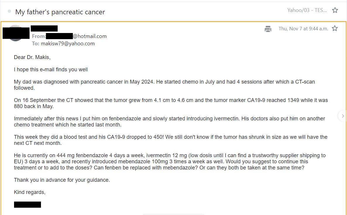 MakisMedicine's tweet photo. NEW ARTICLE: IVERMECTIN and FENBENDAZOLE Testimonial - Pancreatic Cancer - CA19-9 drops 1349 to 450 in less than 2 months - loving daughter outsmarts Oncologist!

This is a Pancreatic Cancer patient who didn’t respond to first line chemotherapy, the best chemo that the Oncologists had in their arsenal.

Lessons:

1. Oncologists suck. Oncology today is hot garbage. It's the nicest way I can put it.

Oncologist with his/her best medical training and best chemotherapy = Pancreatic tumor grows 4.1cm to 4.6cm and CA19-9 rises 880 to 1349. FAIL.

Loving daughter with internet and dog medicine = CA19-9 drops 1349 to 450.

Now imagine if every Oncologist who had results like this was fired, Cancer Care might actually have a bright future! But 98% of Oncologists would be fired.

2. Low doses can work:
12mg Ivermectin (I would have done 60mg)
444mg Fenbendazole 4/7 (I would have done 6/7 or even 888mg)

She still did brilliantly. Work with what you have and don't be afraid.

The daughter outsmarted the best Oncologists with their best medicine!

Oncologists today should be ashamed of themselves. And not just because they took contaminated mRNA Vaccines and gave them to all their cancer patients (increasing their risk of aggressive disease)

There is only one place where you will consistently find cutting edge Cancer Treatment testimonials like this. 

And as long as Alberta Premier @ABDanielleSmith & her AHS friends don't succeed in throwing me in prison, I will post many, many more.

Article Link in photo to avoid shadowban, just re-type the URL in the 1st photo at the top, into your browser to access  

#TurboCancer