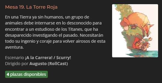 nivel_20's tweet image. Por último, y también en el primer turno, tenemos "La Torre Roja", una aventura para ¡A la carrera! de @DevirIberia/@DevirArgentina, dirigida por @RollCastPodcast en el que encarnaréis a un grupo de animales que debe adentrarse en lo desconocido.

nivel20.com/s/6vzegz0