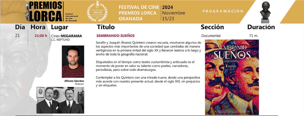 Enciende TV (@enciende_tv) on Twitter photo #SembrandoSueños forma parte de la selección de documentales nominados a los <a href="/premioslorca/">Festival de Cine de Granada - Premios Lorca</a> y se proyectará este jueves 21 de noviembre en #Granada en cines Megarama a las 21:00h
🎟️ granada.megarama.es/FR/fiche-film-… #SembrandoSueños forma parte de la selección de documentales nominados a los <a href="/premioslorca/">Festival de Cine de Granada - Premios Lorca</a> y se proyectará este jueves 21 de noviembre en #Granada en cines Megarama a las 21:00h
🎟️ granada.megarama.es/FR/fiche-film-…