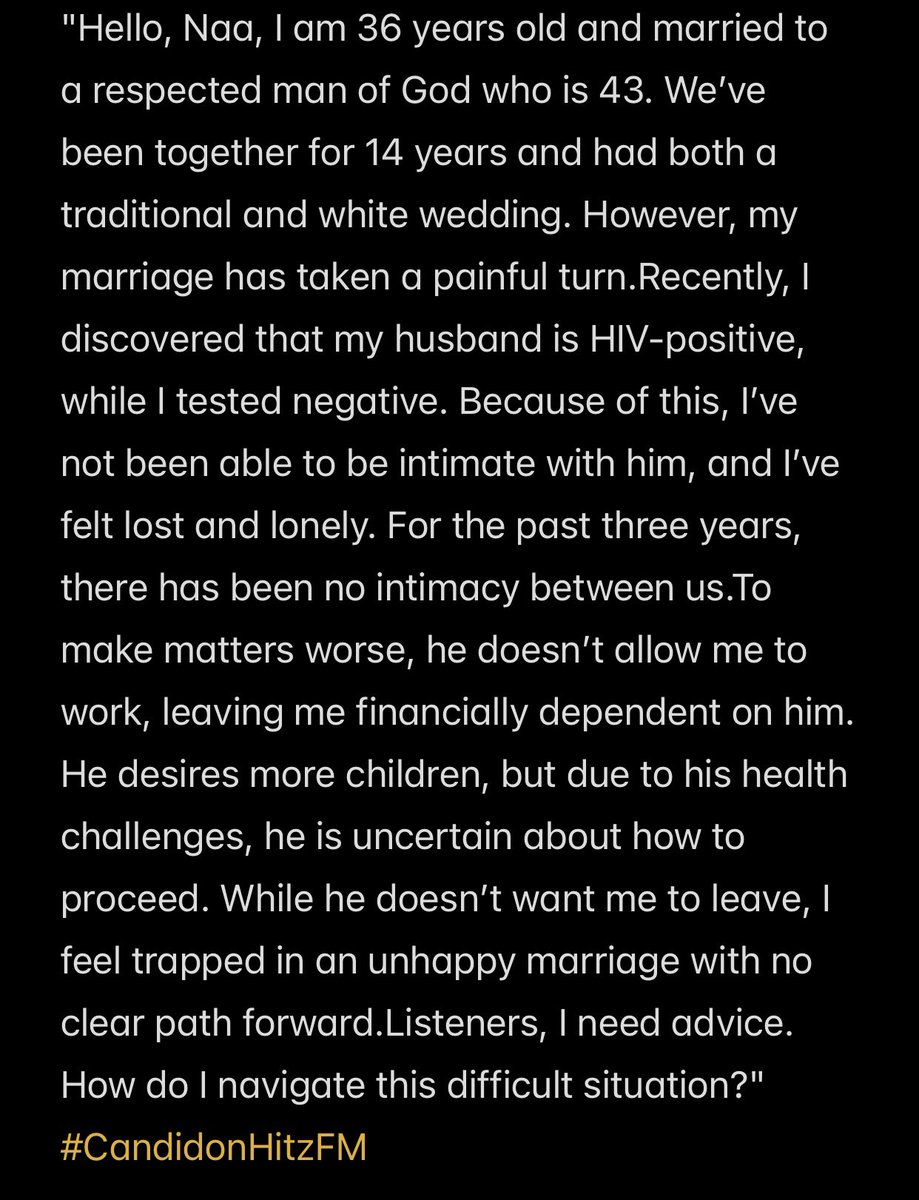 Hitz1039FM's tweet photo. 36-year-old married to HIV-positive husband. No intimacy for 3 years, financial dependency, unclear future. How does she navigate this difficult situation? 
 #CandidonHitzFM with @Adjele_Doku https://t.co/3Ik3N3XIxt