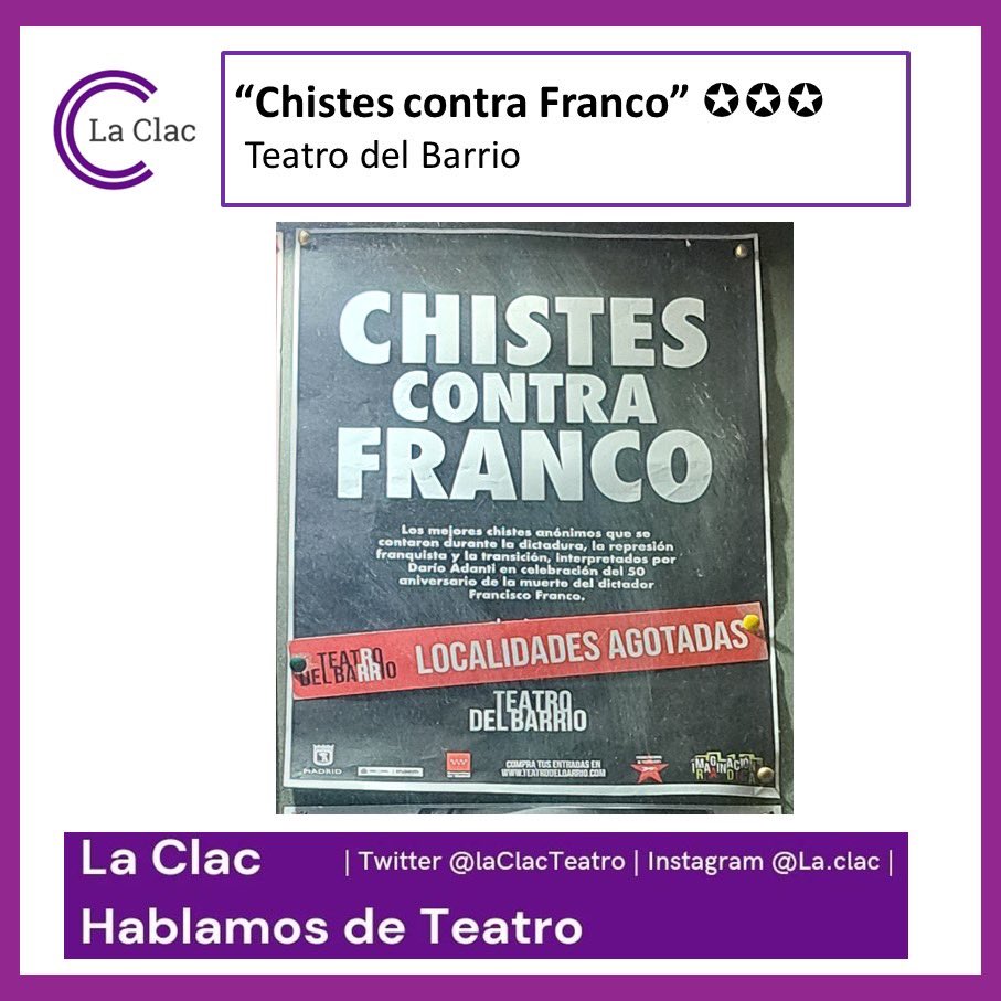La Clac. Hablamos de Teatro (@laclacteatro) on Twitter photo “Chistes contra Franco” ⭐️⭐️⭐️ <a href="/teatrobarrio/">Teatro del Barrio</a> Acción teatral que concluye que el franquismo no fue un chiste, fue una dictadura cruel. Esta obra (asistimos al ensayo general) es una pieza de un proyecto más ambicioso entre <a href="/revistamongolia/">Revista Mongolia</a> y el artista político <a href="/merinoeugenio/">Eugenio Merino</a> “Chistes contra Franco” ⭐️⭐️⭐️ <a href="/teatrobarrio/">Teatro del Barrio</a> Acción teatral que concluye que el franquismo no fue un chiste, fue una dictadura cruel. Esta obra (asistimos al ensayo general) es una pieza de un proyecto más ambicioso entre <a href="/revistamongolia/">Revista Mongolia</a> y el artista político <a href="/merinoeugenio/">Eugenio Merino</a>