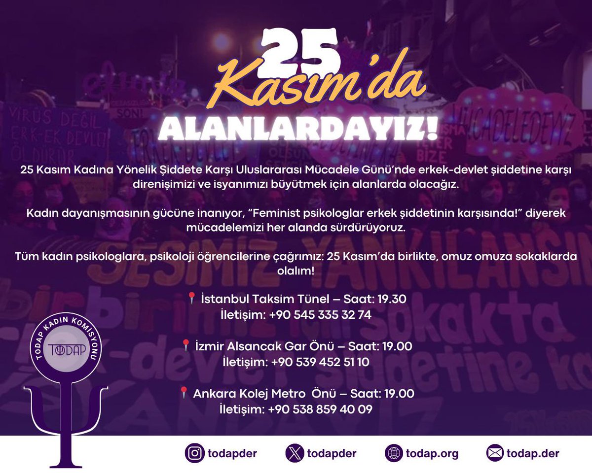 25 Kasım Kadına Yönelik Şiddete Karşı Uluslararası Mücadele Günü’nde erkek-devlet şiddetine karşı direnişimizi ve isyanımızı büyütmek için alanlarda olacağız.

Tüm kadın psikologlara, psikoloji öğrencilerine çağrımız: 25 Kasım’da birlikte sokaklarda olalım!

@25kasimkadin