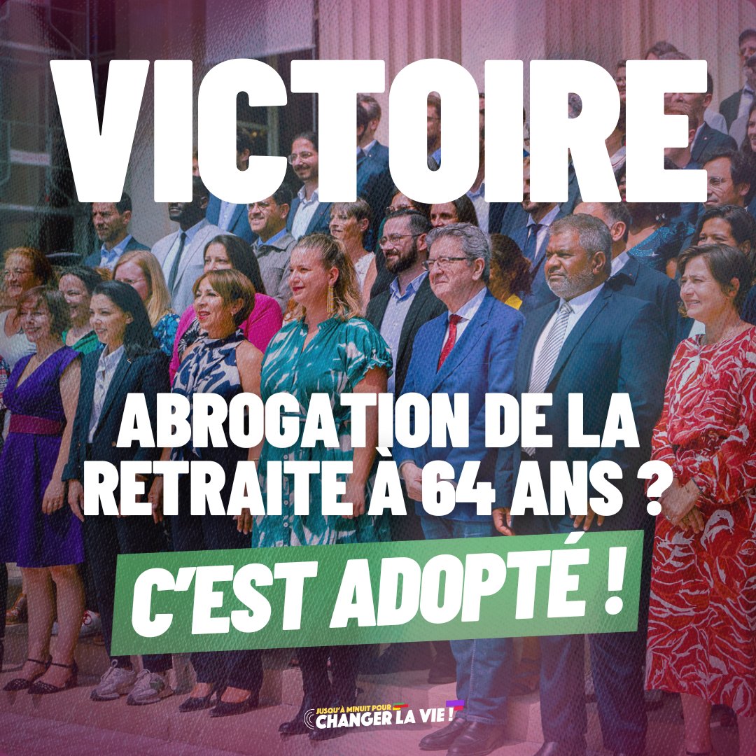 FiAssemblee's tweet photo. 🔴⚡️ VICTOIRE !

Nous avons adopté l'abrogation de la retraite à 64 ans en commission !

Rendez-vous jeudi 28 novembre prochain en séance pour #ChangerLaVie 🔥 https://t.co/2WLnj0dlw2