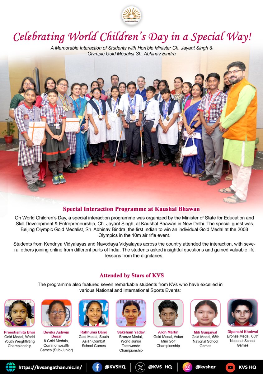 Kendriya Vidyalaya Sangathan (@kvs_hq) on Twitter photo World Children's Day!
Students of #KVS & #NVS had an unforgettable interaction with Hon'ble MoS for Education and Skill Development & Entrepreneurship Sh. <a href="/jayantrld/">Jayant Singh</a> & Olympic Gold Medalist Sh. <a href="/Abhinav_Bindra/">Abhinav A. Bindra OLY</a>. Inspiring talks & insightful lessons for future champions! World Children's Day!
Students of #KVS & #NVS had an unforgettable interaction with Hon'ble MoS for Education and Skill Development & Entrepreneurship Sh. <a href="/jayantrld/">Jayant Singh</a> & Olympic Gold Medalist Sh. <a href="/Abhinav_Bindra/">Abhinav A. Bindra OLY</a>. Inspiring talks & insightful lessons for future champions!