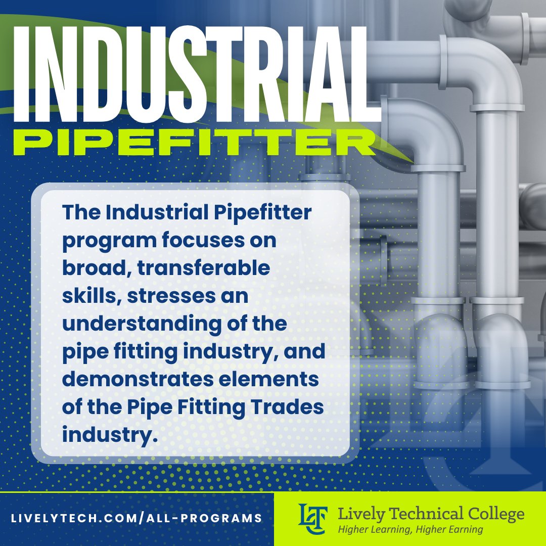 LivelyTechTally's tweet image. Build a career with precision and expertise. Our Industrial Pipefitter program prepares you for the fast-paced world of industrial systems. Ready to pipe up? 🚧 

💻 Learn more at livelytech.com/all-programs

#HigherLearningHigherEarning #Pipefitter #LivelyTech