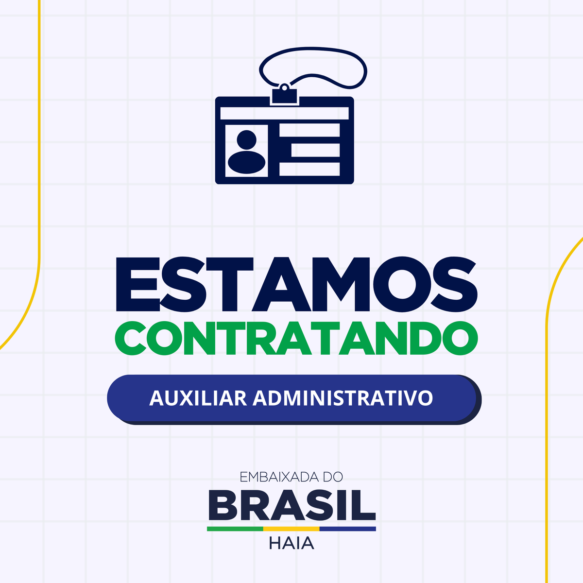 A Embaixada do Brasil na Haia abriu processo seletivo para contratação de Auxiliar Administrativo na Chancelaria na Haia.

Para maiores informações sobre a vaga e como se candidatar, entre na nossa página eletrônica: gov.br/mre/pt-br/emba….