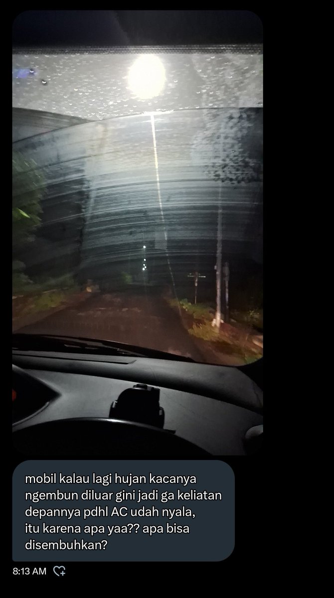 TanyaMobilBase's tweet photo. mobil kalau lagi hujan kacanya ngembun diluar gini jadi ga keliatan depannya pdhl AC udah nyala, itu karena apa yaa?? apa bisa disembuhkan? https://t.co/1vE3kBd3sW