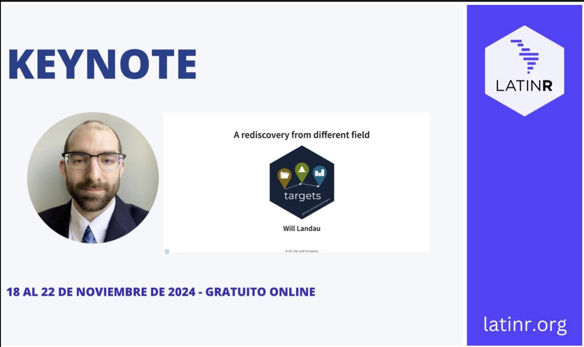 No se pierdan la charla Keynote de <a href="/wmlandau/">Will Landau</a> 
<a href="/LatinR_Conf/">LatinR</a> a las 15 UTC-3.
 "targets: a rediscovery from a different field" 
 El paquete targets permite tener un flujo de trabajo  eficiente, reproducible y potente para analizar tus datos.