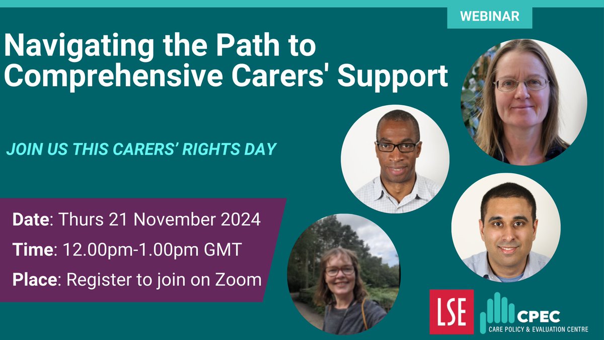 HAPPENING TOMORROW: Join our webinar on #carers support! 💡

This #CarersRightsDay, we'll be showcasing recent #research on what works for supporting carers, from identification, #digital tech, to supporting young carers. 👐

REGISTER NOW TO JOIN AT 12PM: lse.zoom.us/meeting/regist…