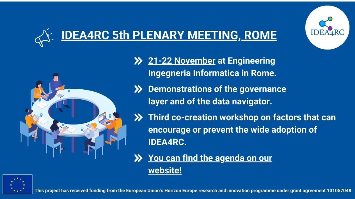 IDEA4RC Project (@idea4rc) on Twitter photo Next week members of the #IDEA4RC project will gather in Rome for the fifth consortium meeting, hosted by <a href="/EngineeringSpa/">ENGINEERING GROUP</a>
Read the agenda on our website
👉 buff.ly/3AD2y2E
#HorizonEurope #EHDS #EuropeanHealthDataSpace #ArtificialIntelligence #LargeLanguageModels #AI Next week members of the #IDEA4RC project will gather in Rome for the fifth consortium meeting, hosted by <a href="/EngineeringSpa/">ENGINEERING GROUP</a>
Read the agenda on our website
👉 buff.ly/3AD2y2E
#HorizonEurope #EHDS #EuropeanHealthDataSpace #ArtificialIntelligence #LargeLanguageModels #AI