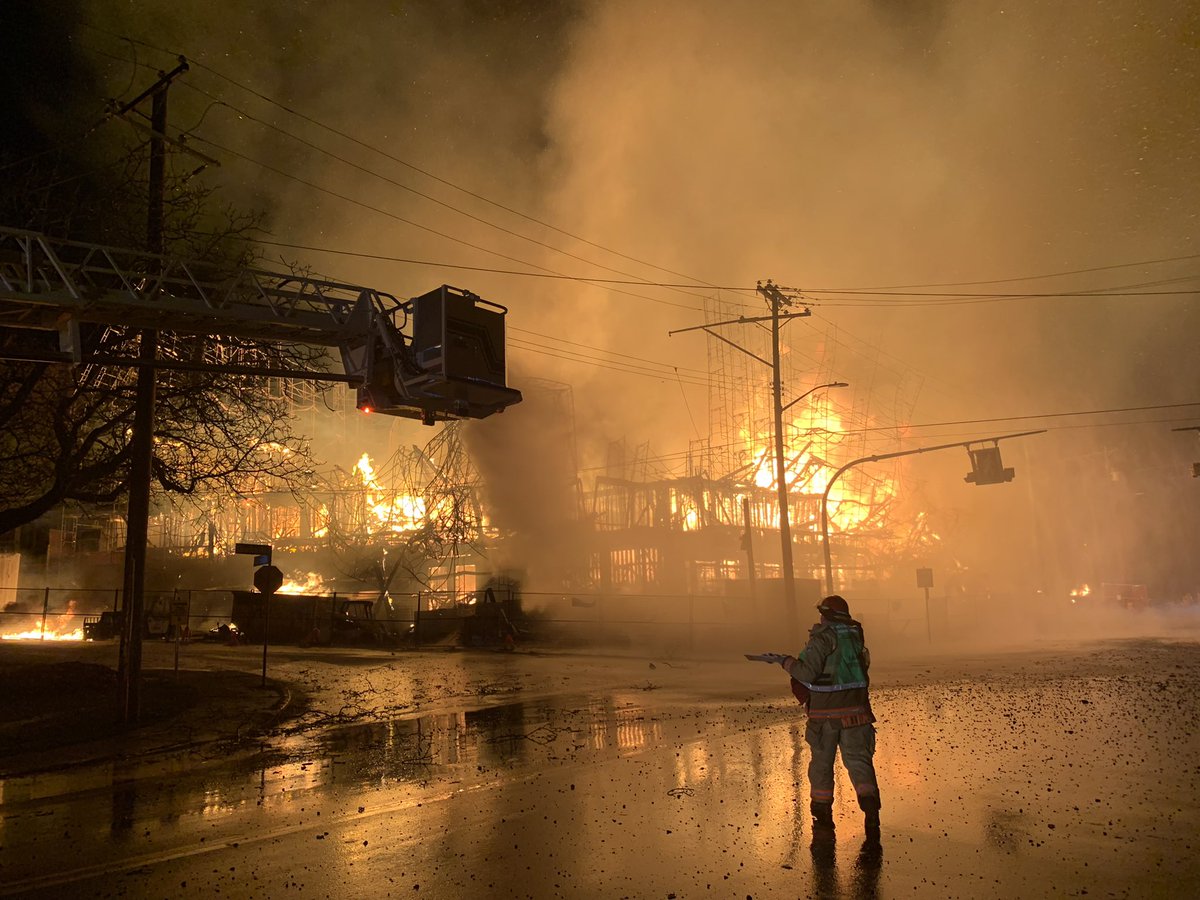 Quadra Street closed to to major fire to a building under construction at Lodge St. Fire knocked down now.