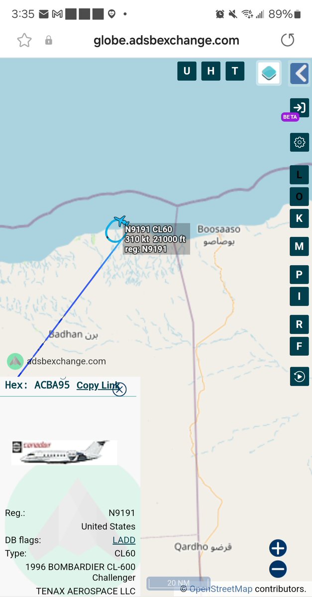 Borrowed7Time's tweet photo. USGOV contractor Tenax Aerospace CL60 ISR platform N9191 #ACBA95 out of Nairobi, operating today west of Bosaso.
@Dinlas3 @WAAT_Band https://t.co/LVeh0JtaQb