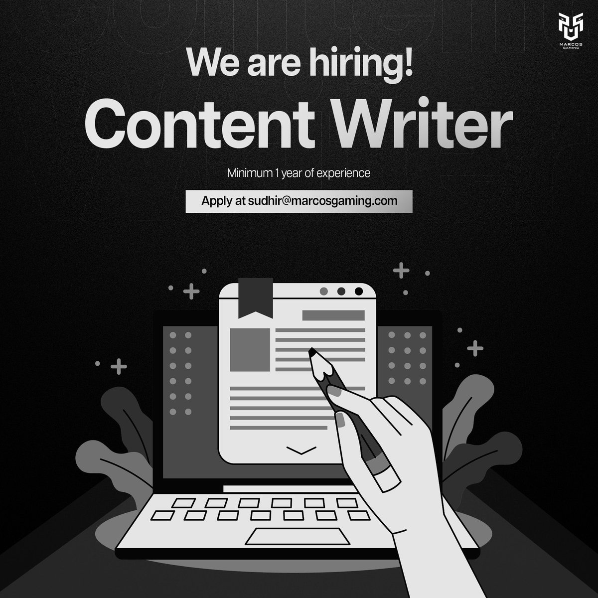 Hiring Alert!🔊

who are we looking for?

✍️Content Writer : Full-Time

So, if you are ready to bring out-of-the-box ideas, and passion to a growing team, we want YOU🫵

Share your resumes and portfolios on:👇

sudhir@marcosgaming.com
official@marcosgaming.com

 #Hiring