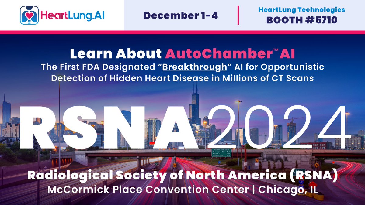 🚨⚕️🫀 HeartLung will be exhibiting at #RSNA24 in Chicago on December 1-4!

See how our FDA Designated 'Breakthrough' AI can find hidden heart disease in millions of CT scans. Also learn about DEXA-equivalent opportunistic osteoporosis screening from the same images using AutoBMD