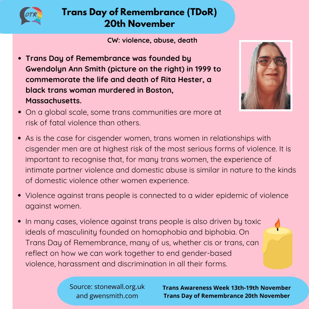 Today is Trans Day of Remembrance (TDoR). This date is marked each year at the end of Trans Awareness Week to commemorate trans, non-binary and gender non-conforming individuals who have been victims of violence. We offer support to Trans and non-binary young people here at OTR.