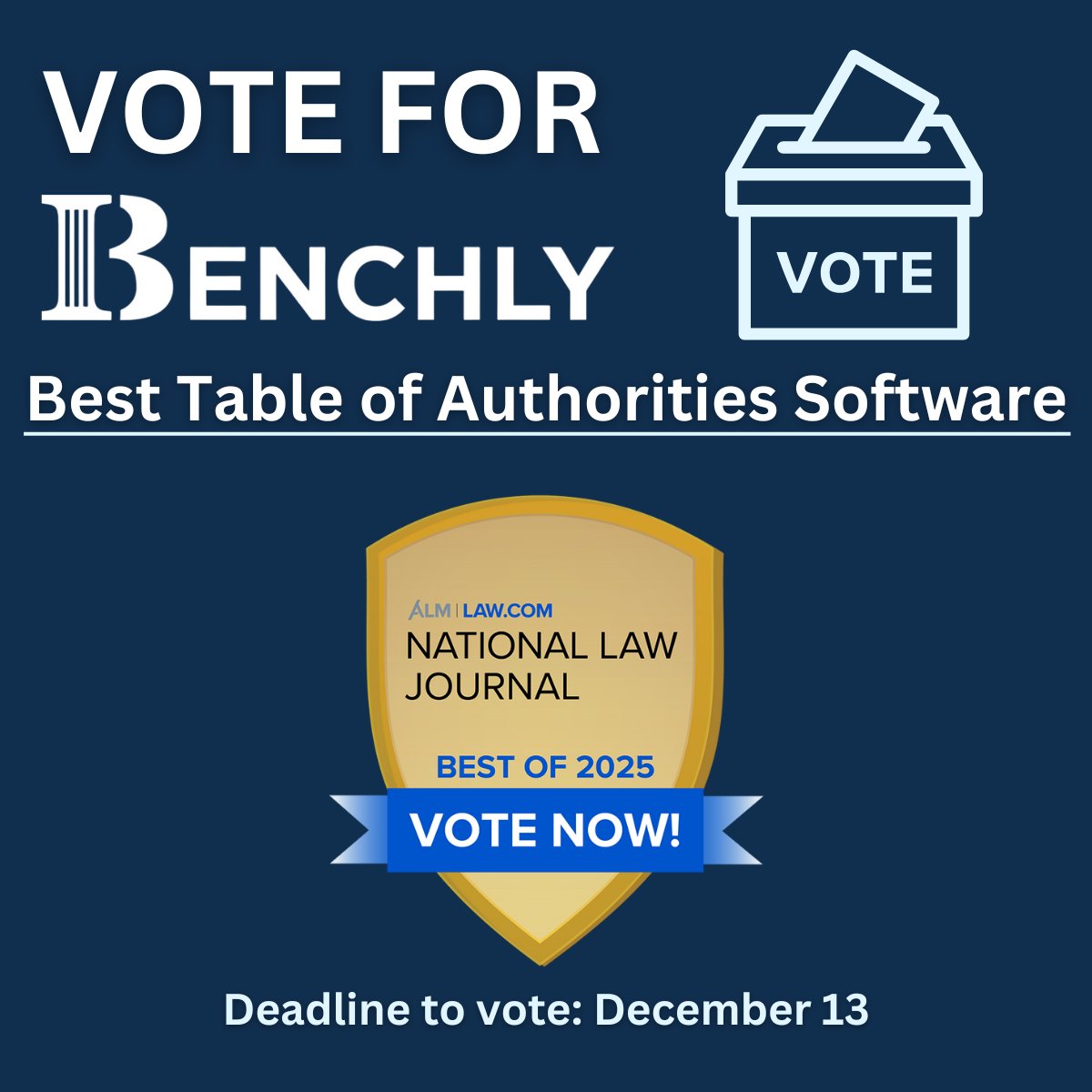 Benchly (@benchlycom) on Twitter photo Vote today! Voting for <a href="/TheNLJ/">National Law Journal</a> Best of 2025 is open through December 13th. We would appreciate it if you would select Benchly on Question 21 as the Best #TableofAuthorities Software provider!
Link: surveymonkey.com/r/BestofNLJ2025 Vote today! Voting for <a href="/TheNLJ/">National Law Journal</a> Best of 2025 is open through December 13th. We would appreciate it if you would select Benchly on Question 21 as the Best #TableofAuthorities Software provider!
Link: surveymonkey.com/r/BestofNLJ2025
