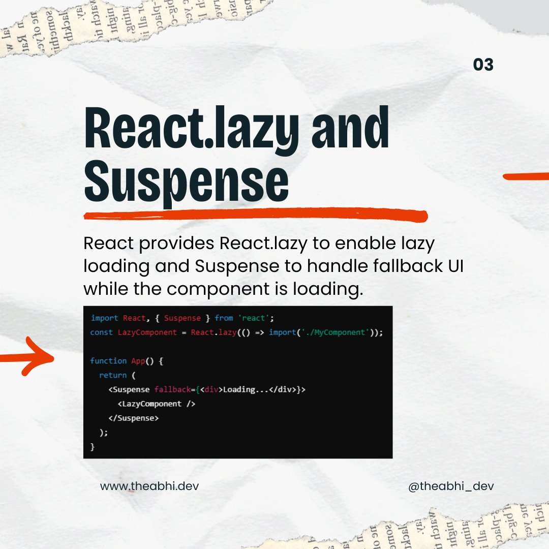 theabhi_dev's tweet image. Boost your app's performance with lazy loading and code splitting in React! 🚀 Learn how React.lazy and Suspense optimize your app for speed and efficiency. 💡 #ReactLazyLoading #ReactPerformance #MERNChallenge