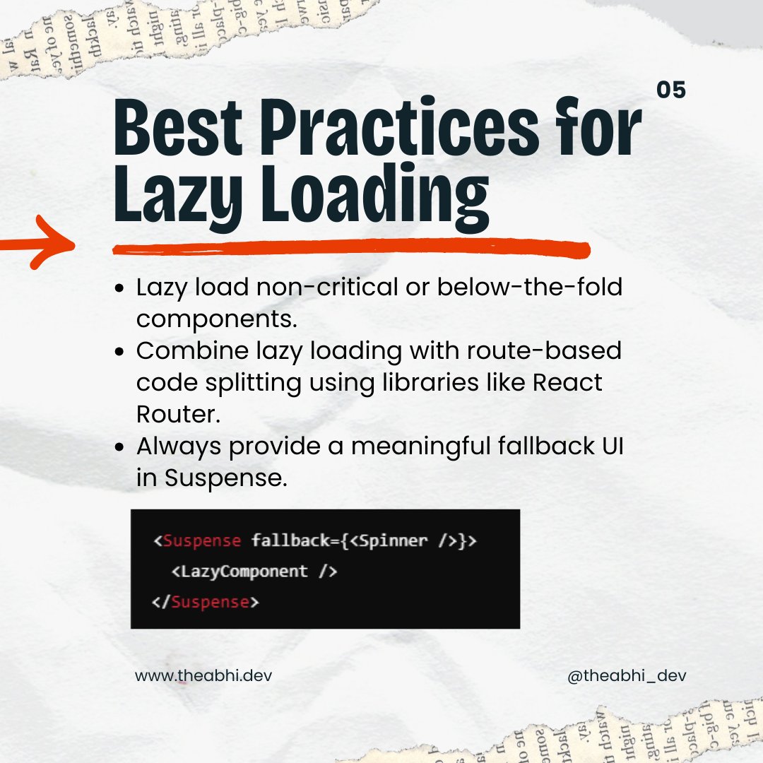theabhi_dev's tweet image. Boost your app's performance with lazy loading and code splitting in React! 🚀 Learn how React.lazy and Suspense optimize your app for speed and efficiency. 💡 #ReactLazyLoading #ReactPerformance #MERNChallenge
