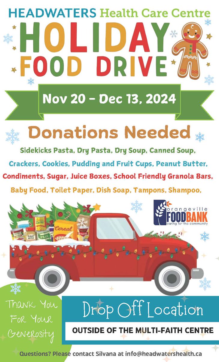 This year, Headwater Health Care Centre will be working together to help support the Orangeville Food Bank this holiday season. 

From November 20 to December 13, non-perishables food can be donated and dropped off outside the multi-faith centre.