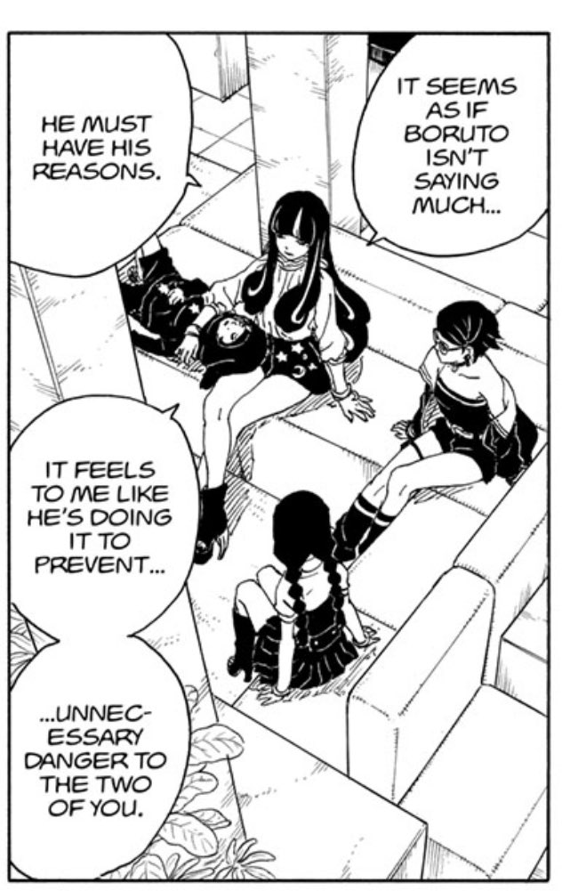rien_bsu_ms_k's tweet image. Sumire & Kasin Koji say same thing.
Koji is wary of the beings that cause variables in future.
Sumire & Sarada don't know Boruto's plan, but they know it is his idea he will not tell them anything on purpose.
So Sumire is saying "We should not be the variables of Boruto's plan".