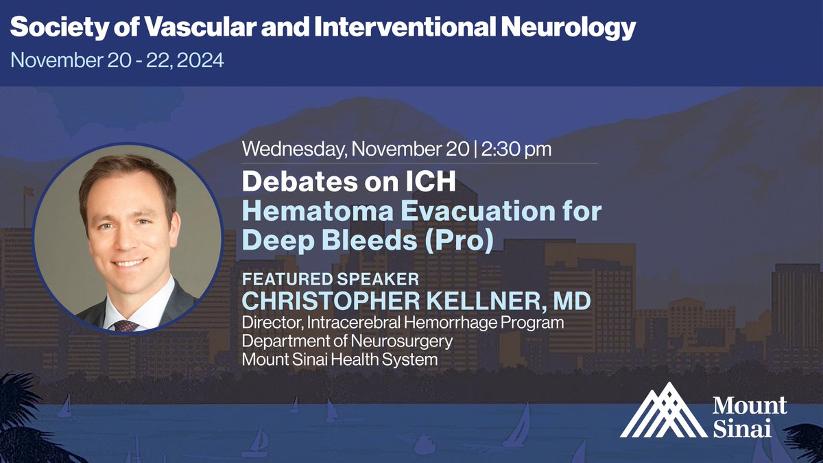 MountSinaiNeuro's tweet image. Who doesn't love an #ICH debate at #SVIN24? Join @ChriskellnerMD, ICH program director at @MountSinaiNeuro, to learn about "Hematoma Evacuation for Deep Bleeds (Pro)." Don’t miss it! 🧠✨ @svinsociety