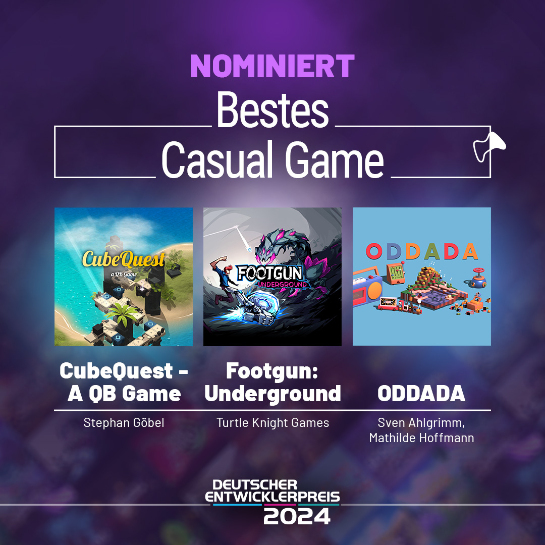 entwicklerpreis's tweet image. Hier sind unsere Nominierten in der Kategorie BESTES CASUAL GAME: 

🎲 CubeQuest - A QB Game ~ Stephan Göbel
⚽ Footgun: Underground ~ @TurtleKn8Games  &amp;amp; @CobraTekkuGames
🚂 ODDADA ~ @SvenAhlgrimm, @MathildeSound 

#DEP2024